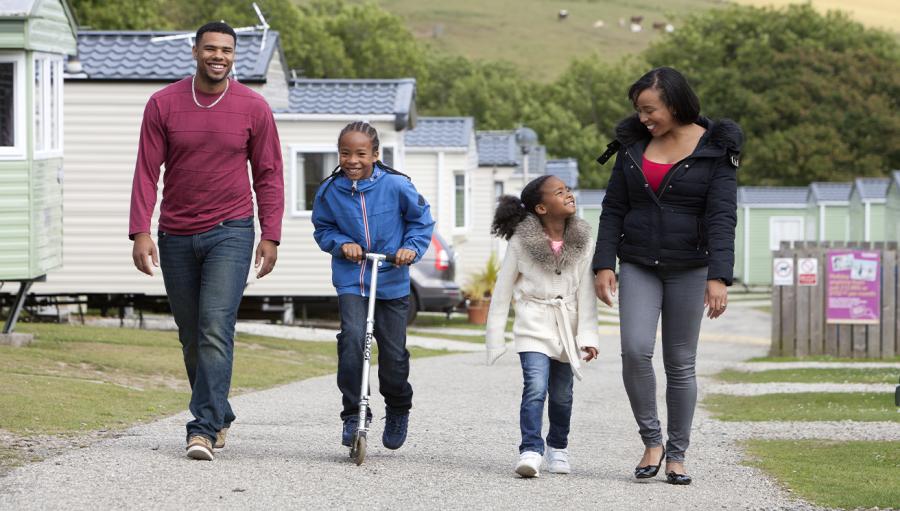 walking around the static caravans at Looe Bay Holiday Park in Cornwall