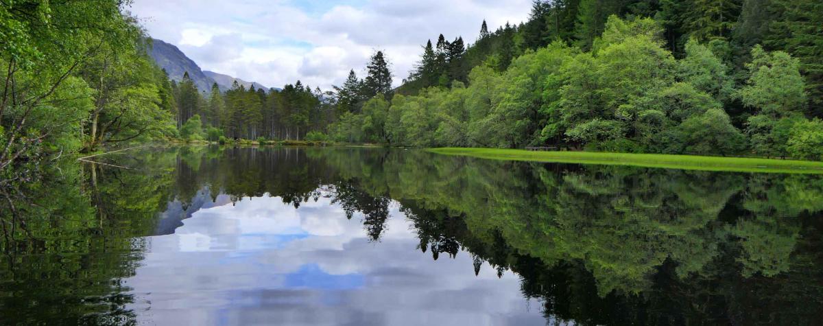 A lake surrounded by woodland with the sky's clouds reflected in the water